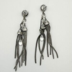 Silver Tone Long Multi Strand Chain Tassel Stud Earrings Crystal Rhinestone Boho